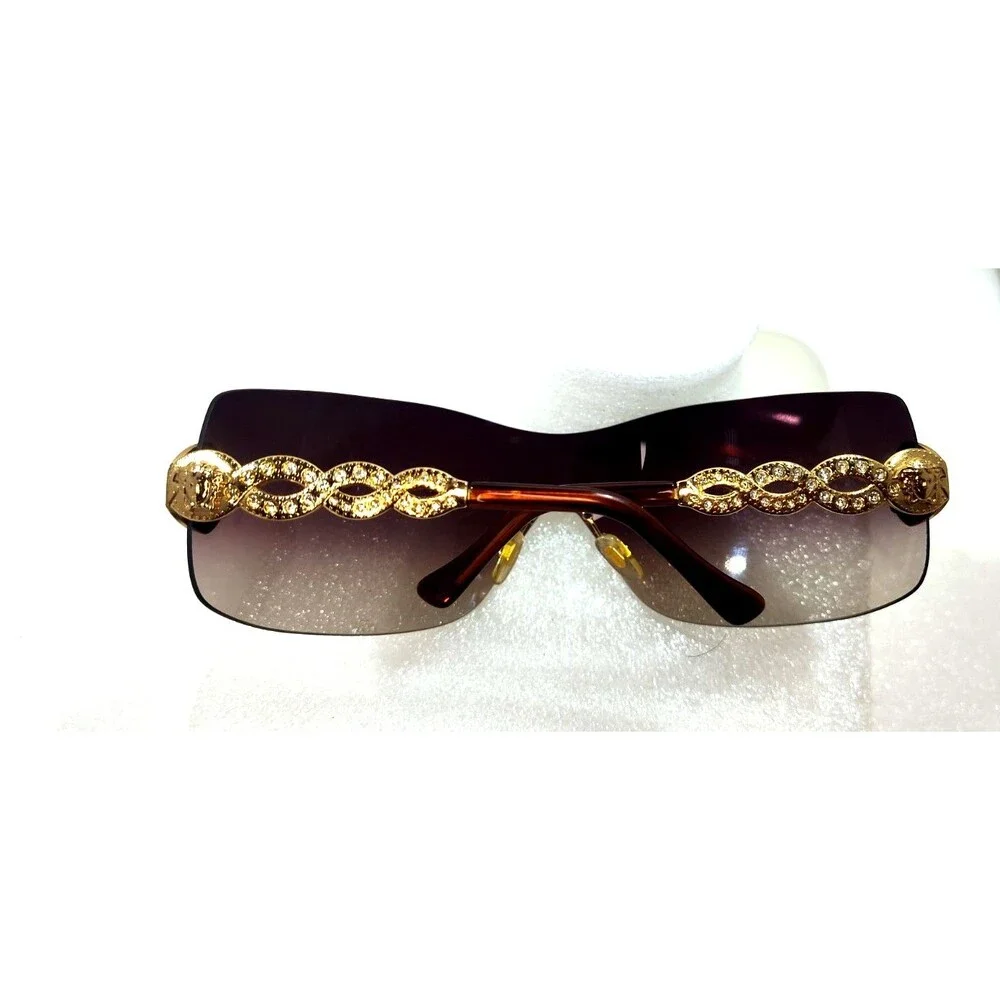 Vintage Y2K Versace 2043-B  Brown Rhinestone Rimless Shield Sunglasses Scratched